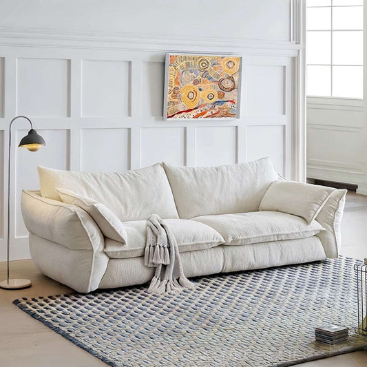 Retro cream fabric sofa with down-filled cushions and removable cover in French vintage style