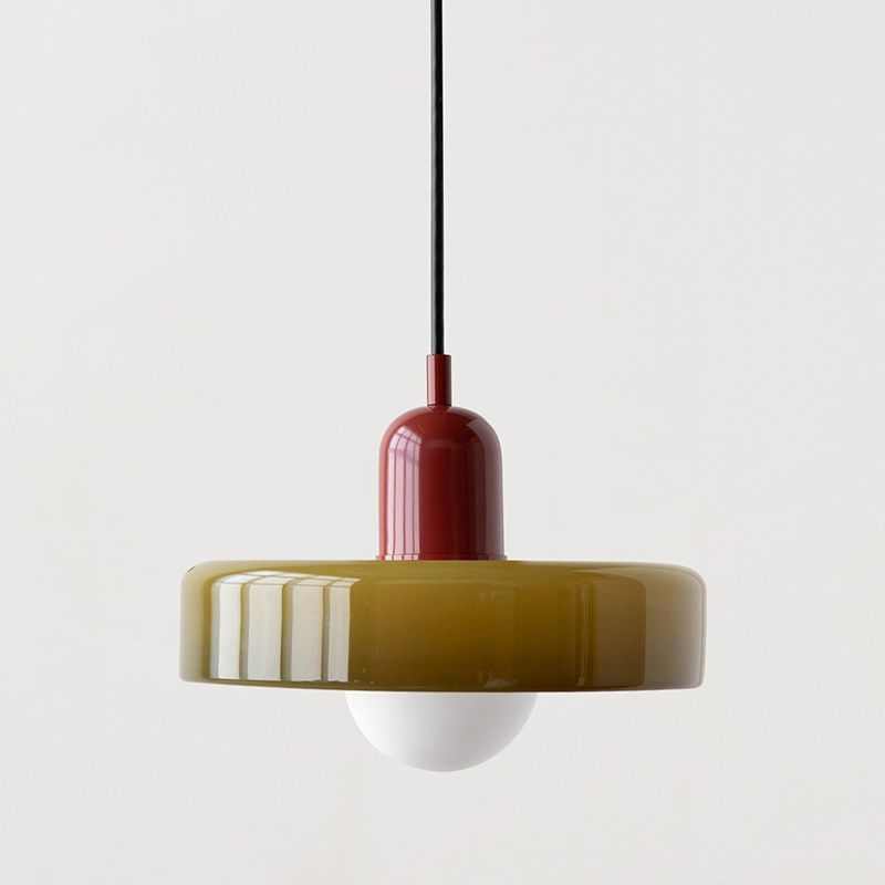 Modern customizable glass pendant lighting with red and olive green shades and LED bulb