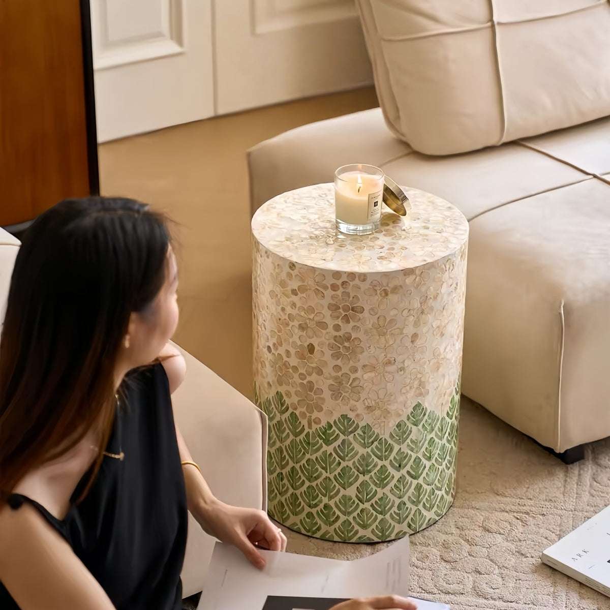 Luxury shell-inspired cylindrical side table handcrafted from natural materials for versatile indoor and outdoor use