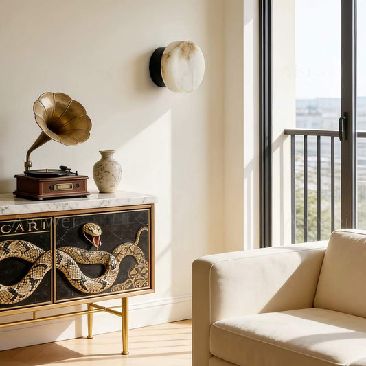 Natural onyx wall lamp with vintage minimalist round design and warm cream LED glow