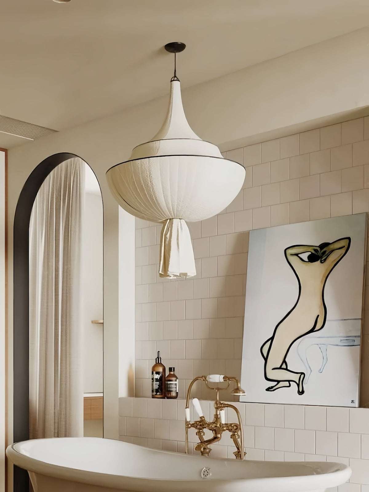 French vintage fabric chandelier with fish-line pendant design and warm LED light for modern Nordic home decor