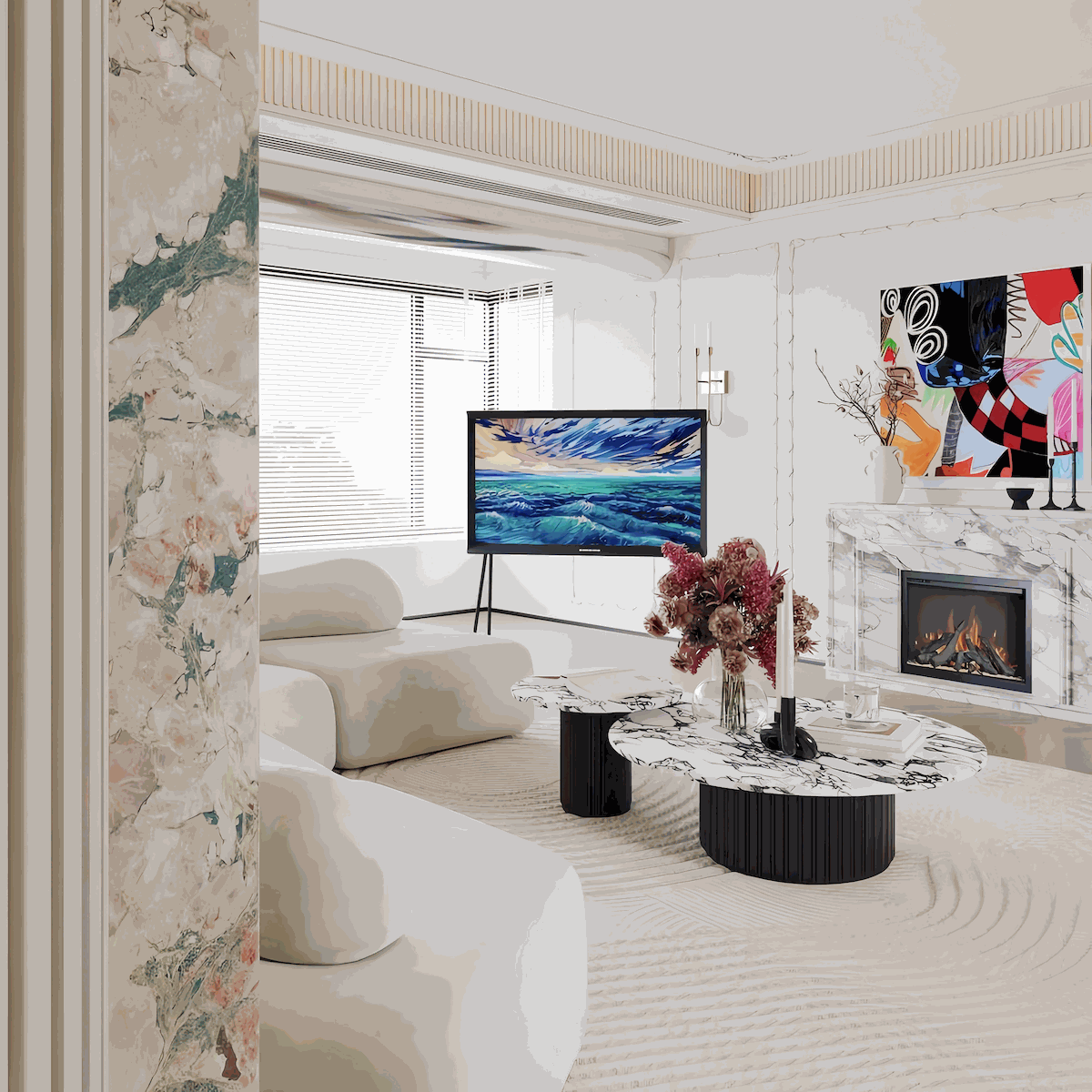 Marble coffee table with round marble-textured top and grooved cylindrical base for elegant living room use