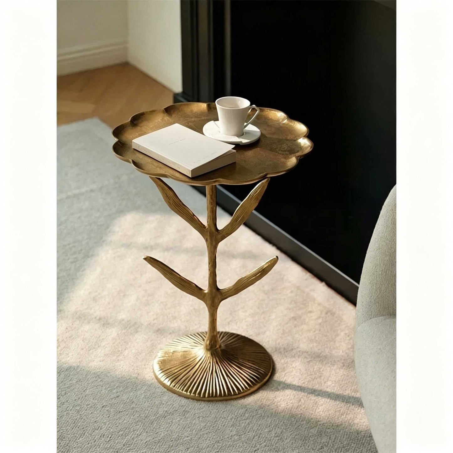 Luxury aluminum sofa side table with scalloped tabletop and leaf-shaped stem for bedroom or living room