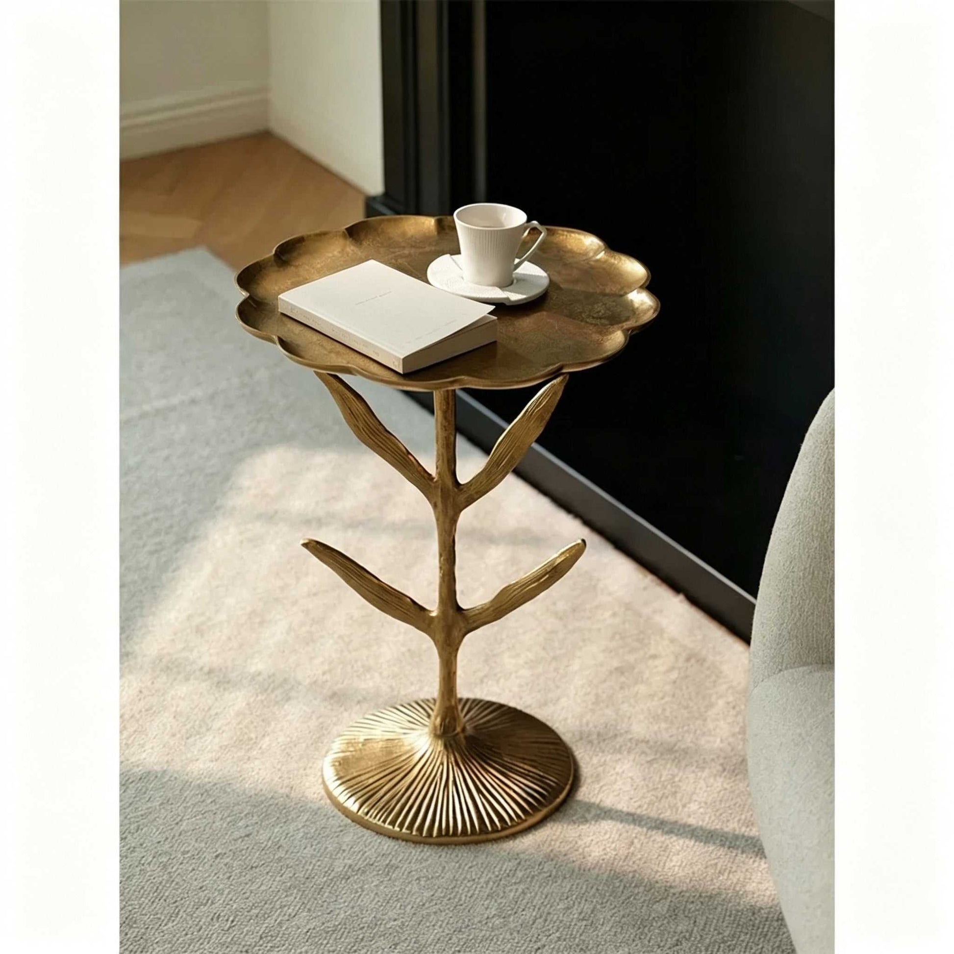 Luxury aluminum sofa side table with scalloped tabletop and leaf-shaped stem for bedroom or living room