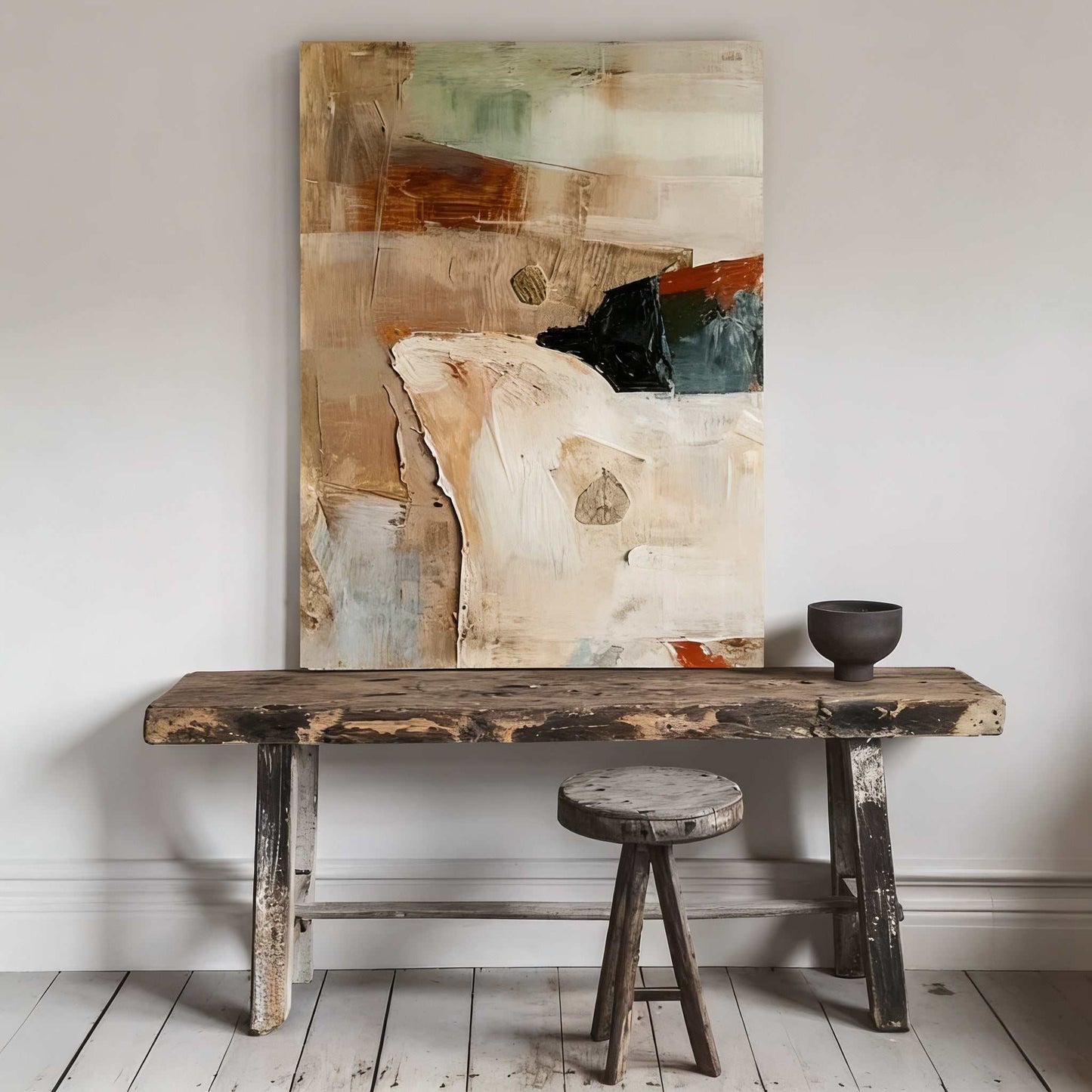 Hand-painted oil painting abstract mid-century minimalist wall art with textured brushwork for modern interiors