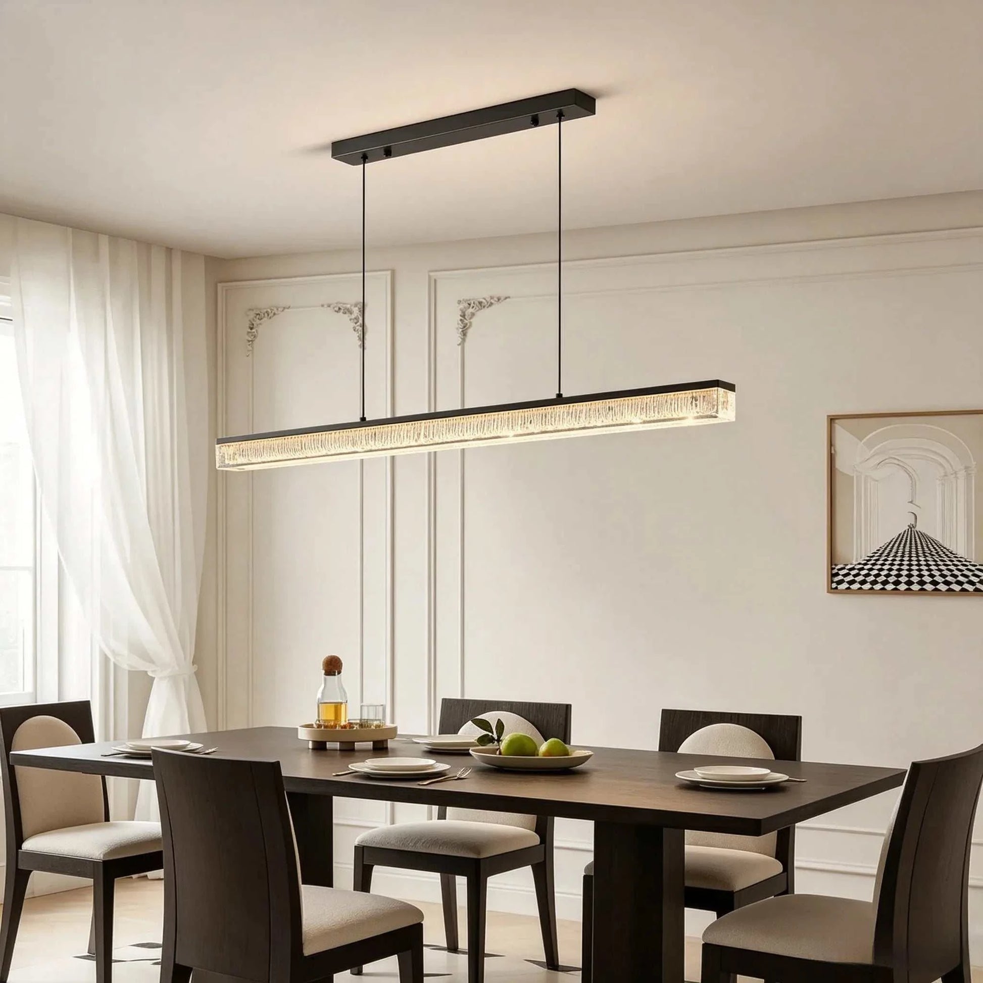 Italian minimal adjustable linear pendant lamp with matte black iron frame and acrylic shade over dining table