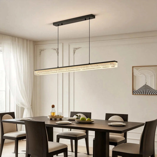 Italian minimal adjustable linear pendant lamp with matte black iron frame and acrylic shade over dining table