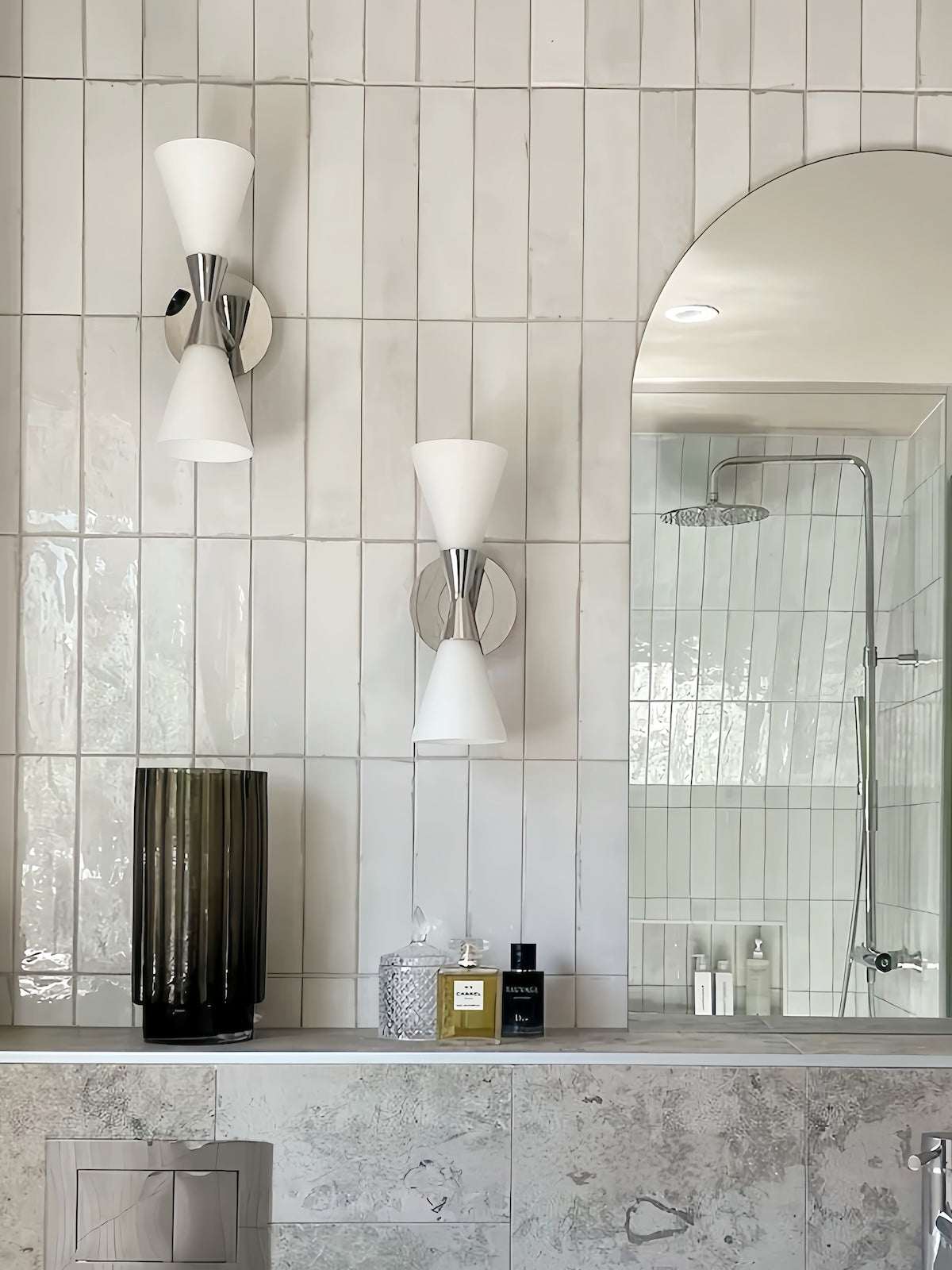 Nordic modern hourglass wall sconce with frosted glass and dual LED lights in chrome finish