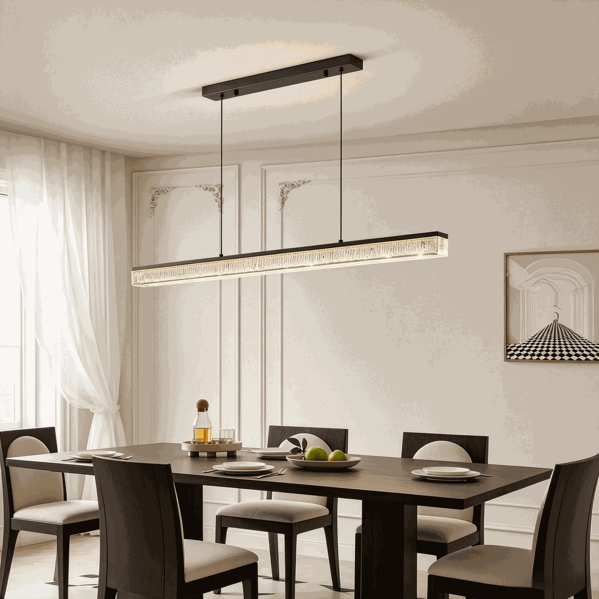 Italian minimal adjustable linear pendant lamp with matte black iron frame and acrylic shade over dining table