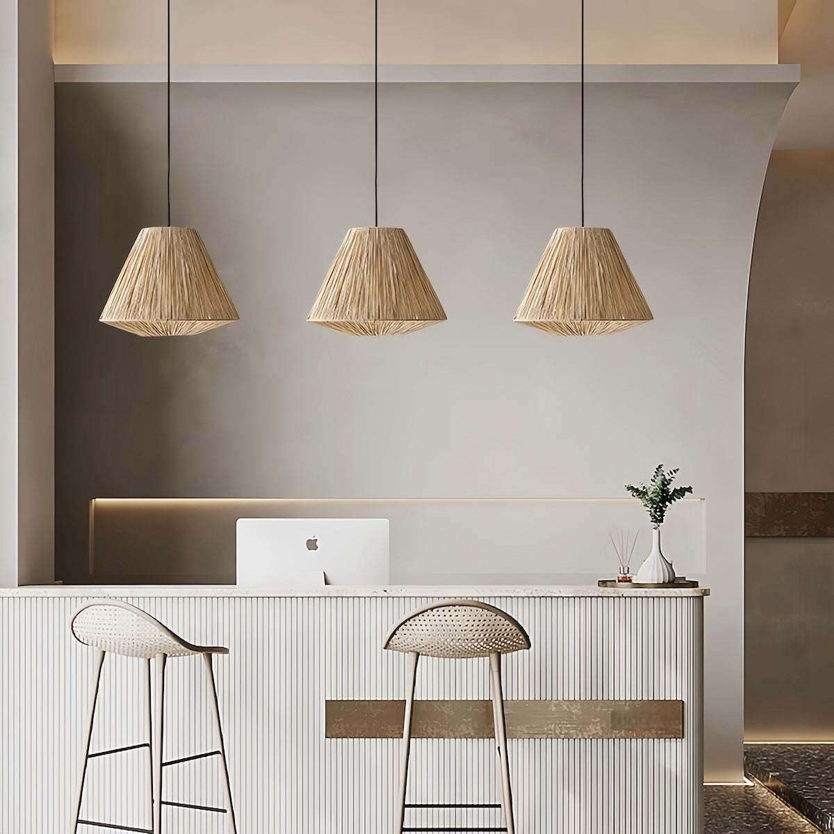 Eco-friendly handwoven rattan pendant light with warm ambient glow for bedroom, dining, and bar spaces