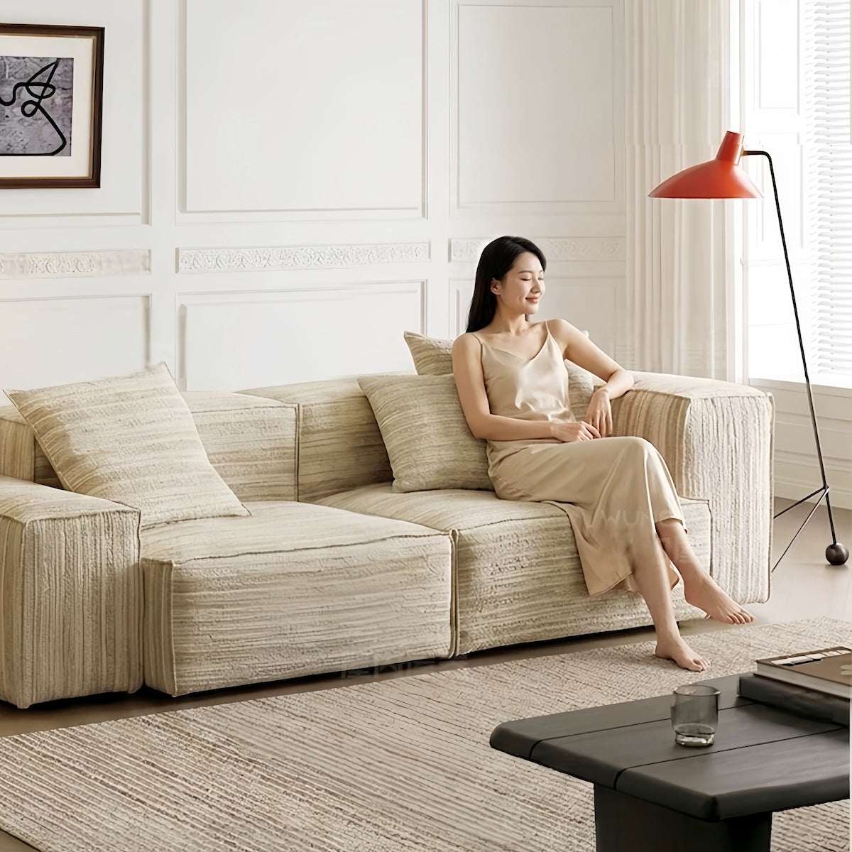 Chenille fabric modular straight sectional sofa with double-sided washable covers in living room