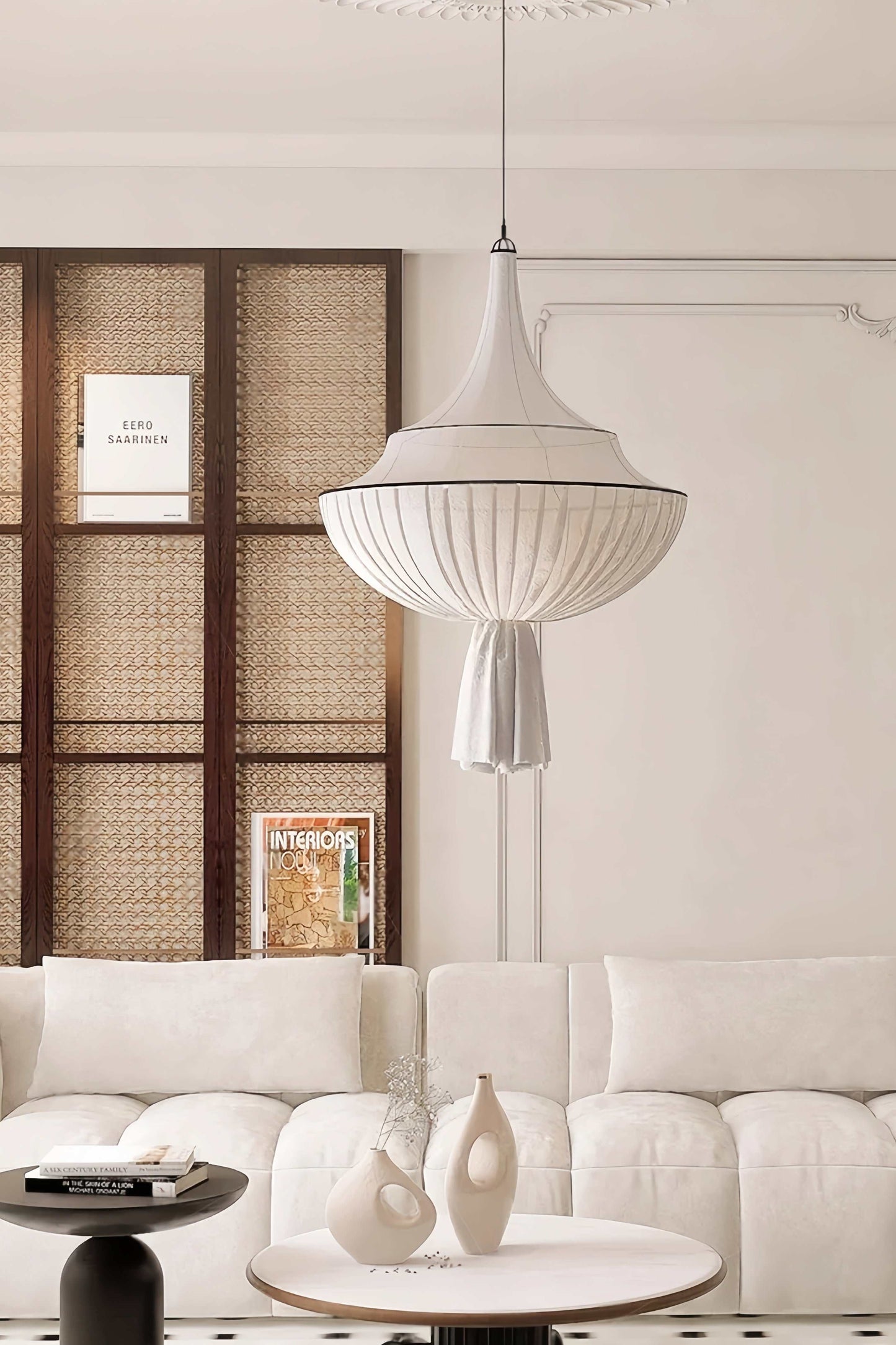 French vintage fabric chandelier with fish-line pendant design and warm LED glow in minimalist Nordic style