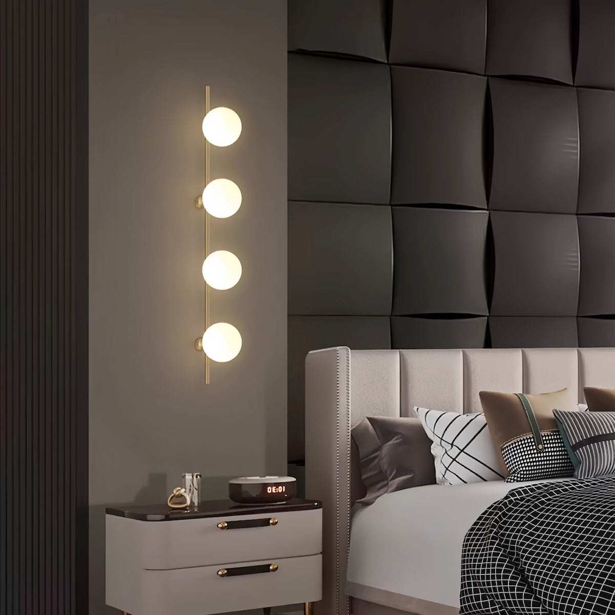 Minimalist Brass Wall Sconce with cream glass shade and LED light for bedroom and living room