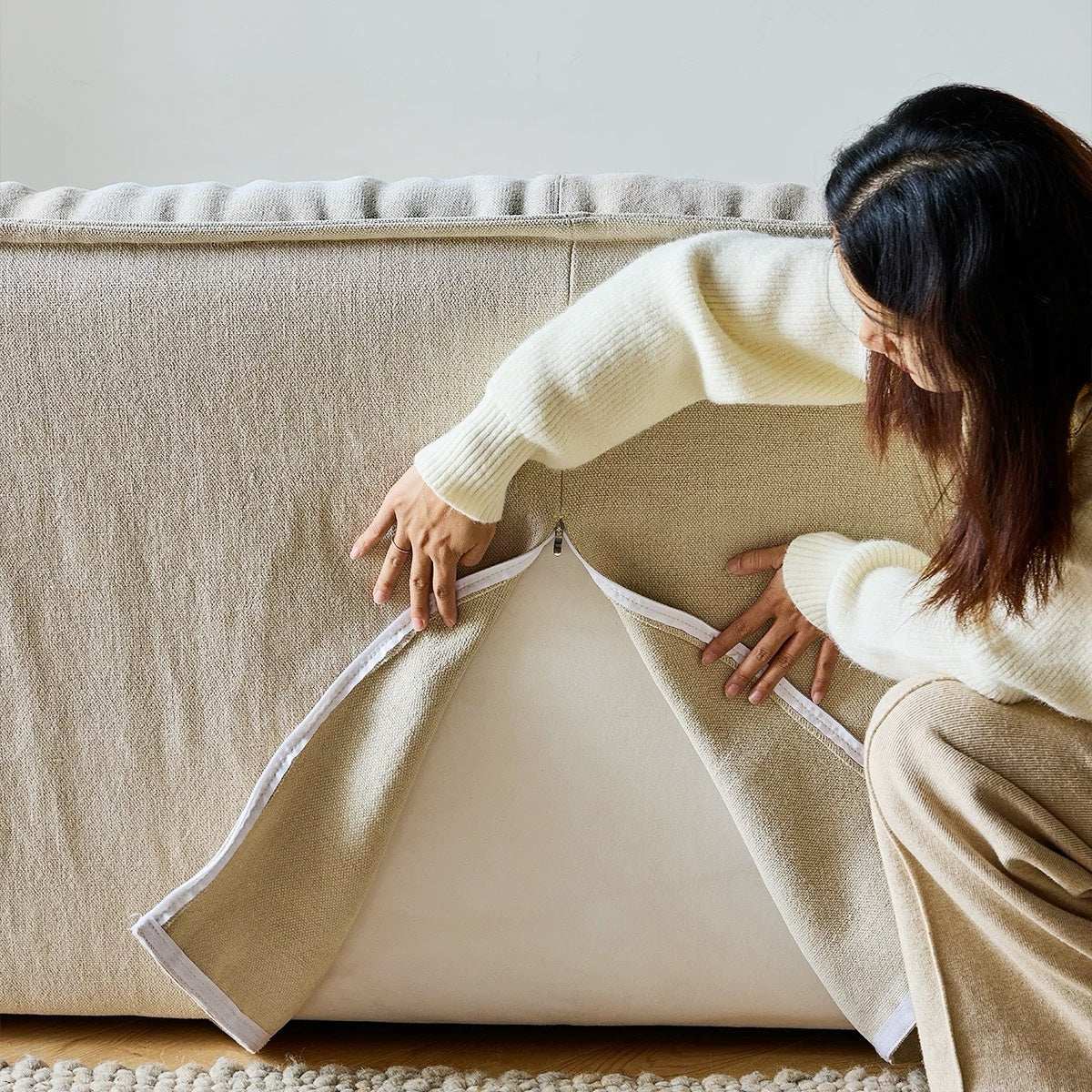 Armless linen sofa with natural wrinkles and washable covers for small spaces