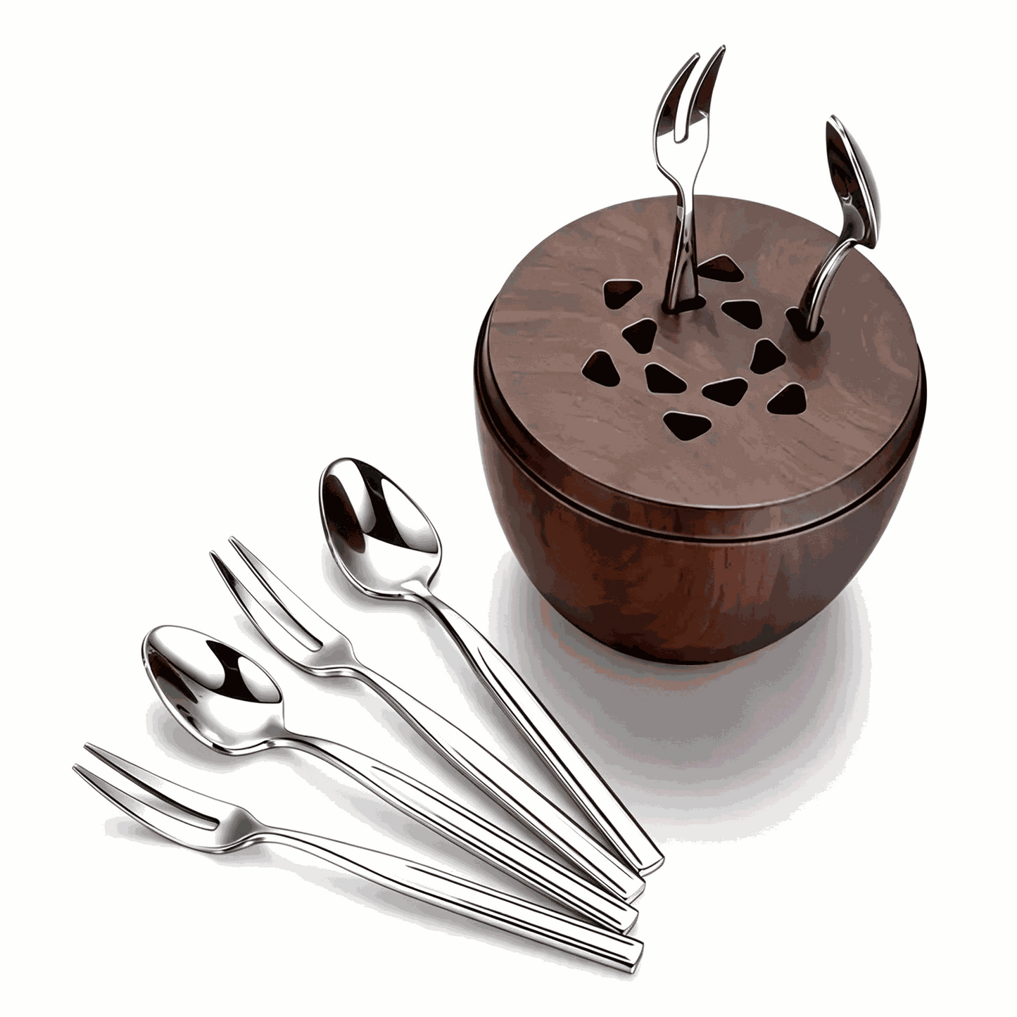 Light luxury tableware storage box with walnut base and stainless steel utensils for elegant home decor and gifting