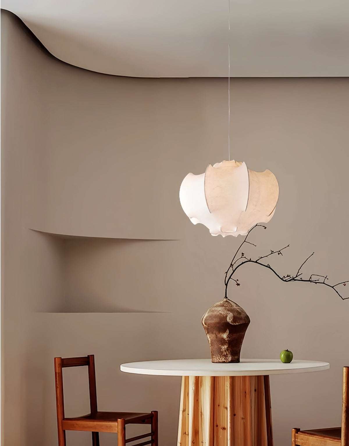 Bedroom silk pendant light with vintage Wabi-Sabi design and warm diffused glow