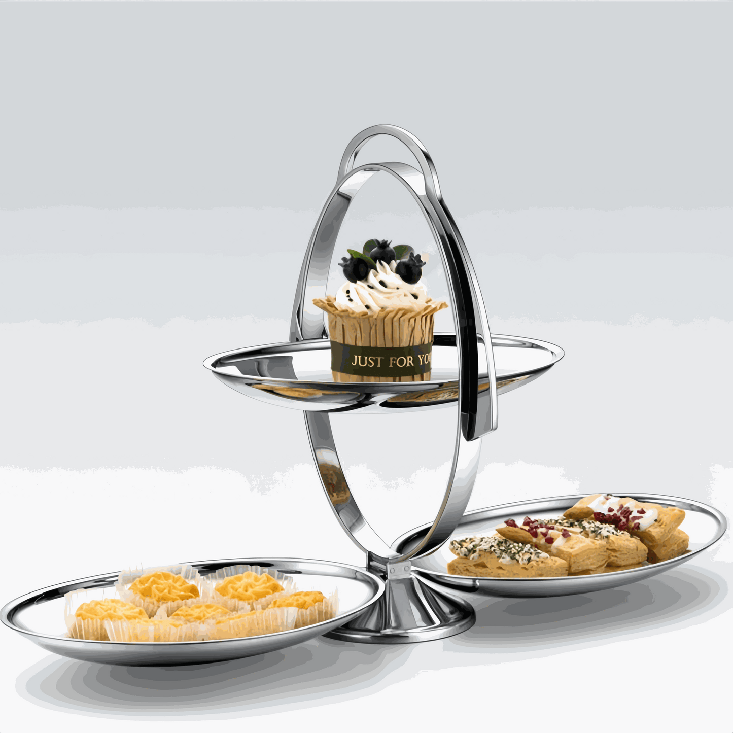 Foldable 3-tier stainless steel fruit platter with modern mirror finish and versatile snack serving design