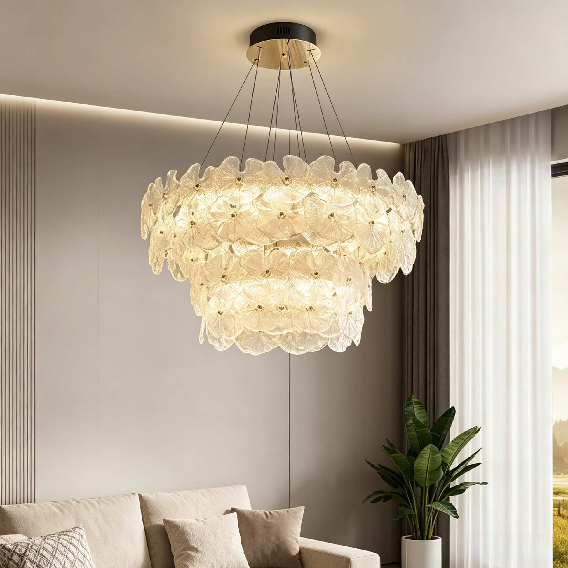 French luxury designer ceiling light with layered floral glass petals and adjustable LED color temperature