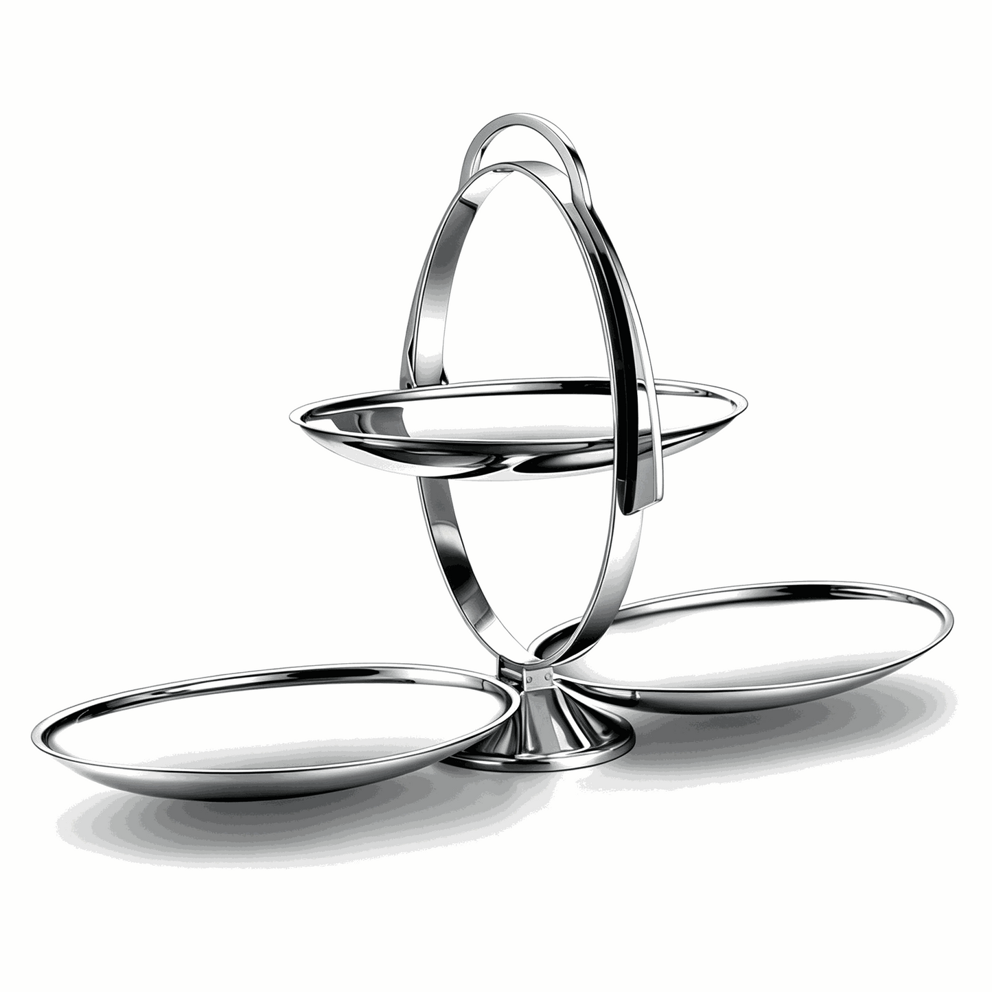 Foldable 3-tier stainless steel serving tray with polished mirror finish for fruits and snacks