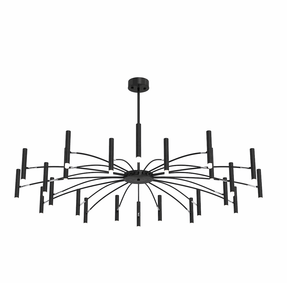 Modern black metal dining room chandelier with 24 adjustable candle-style LED lights and dimmer compatibility