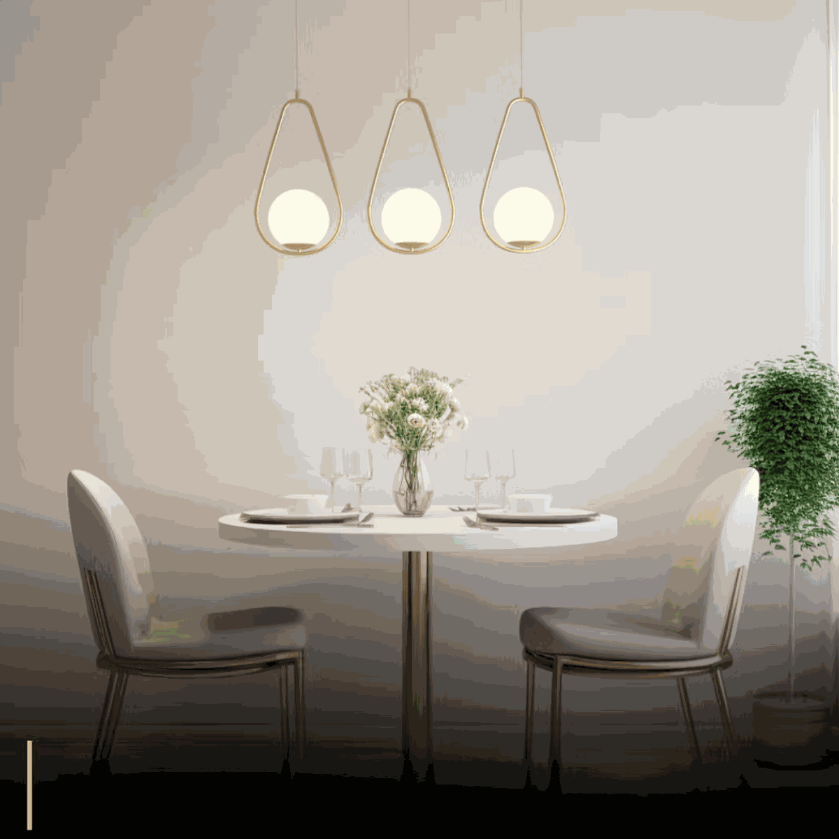 Modern brushed gold pendant light fixture with adjustable hanging length above dining table