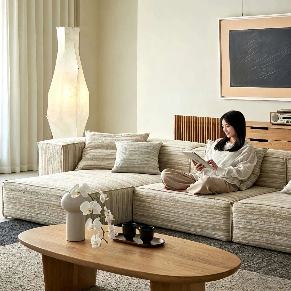 Chenille fabric modular straight sofa with double-sided washable covers in minimalist living room setting