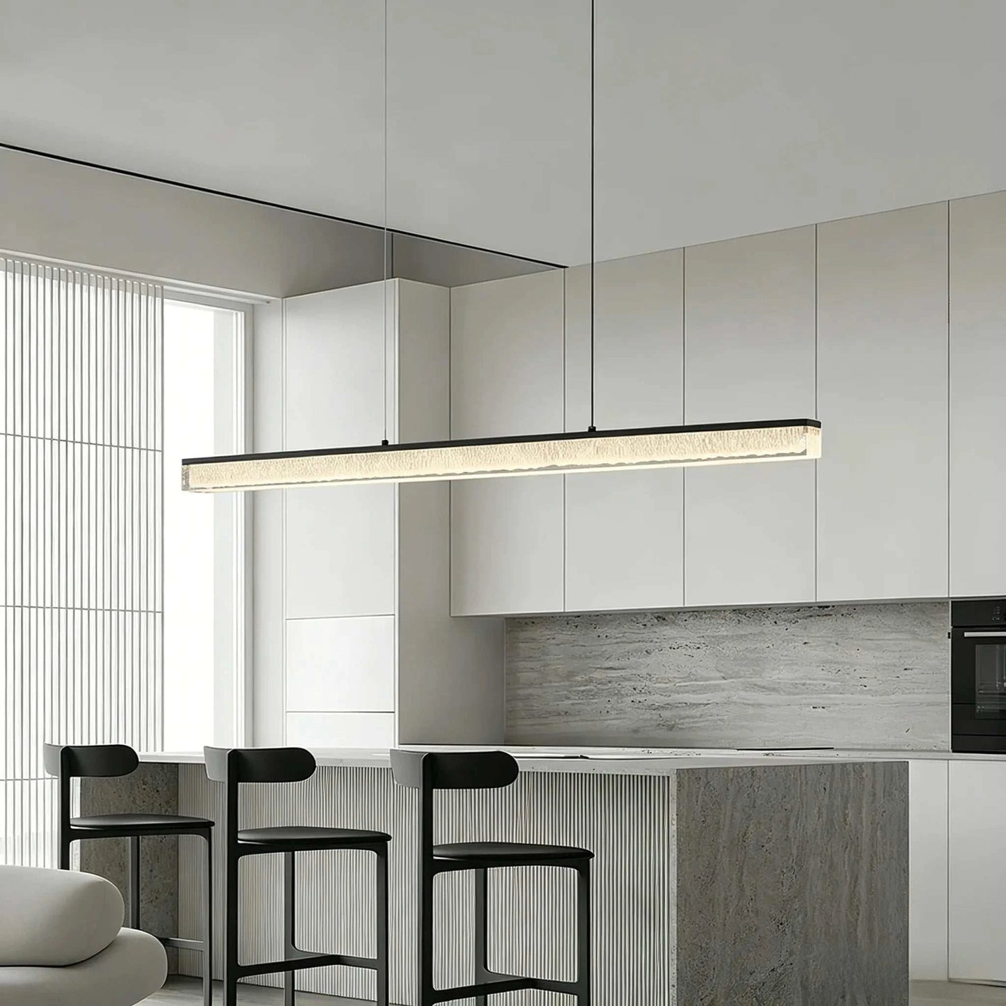 Italian minimal adjustable linear pendant lamp with black iron frame and acrylic shade over dining bar
