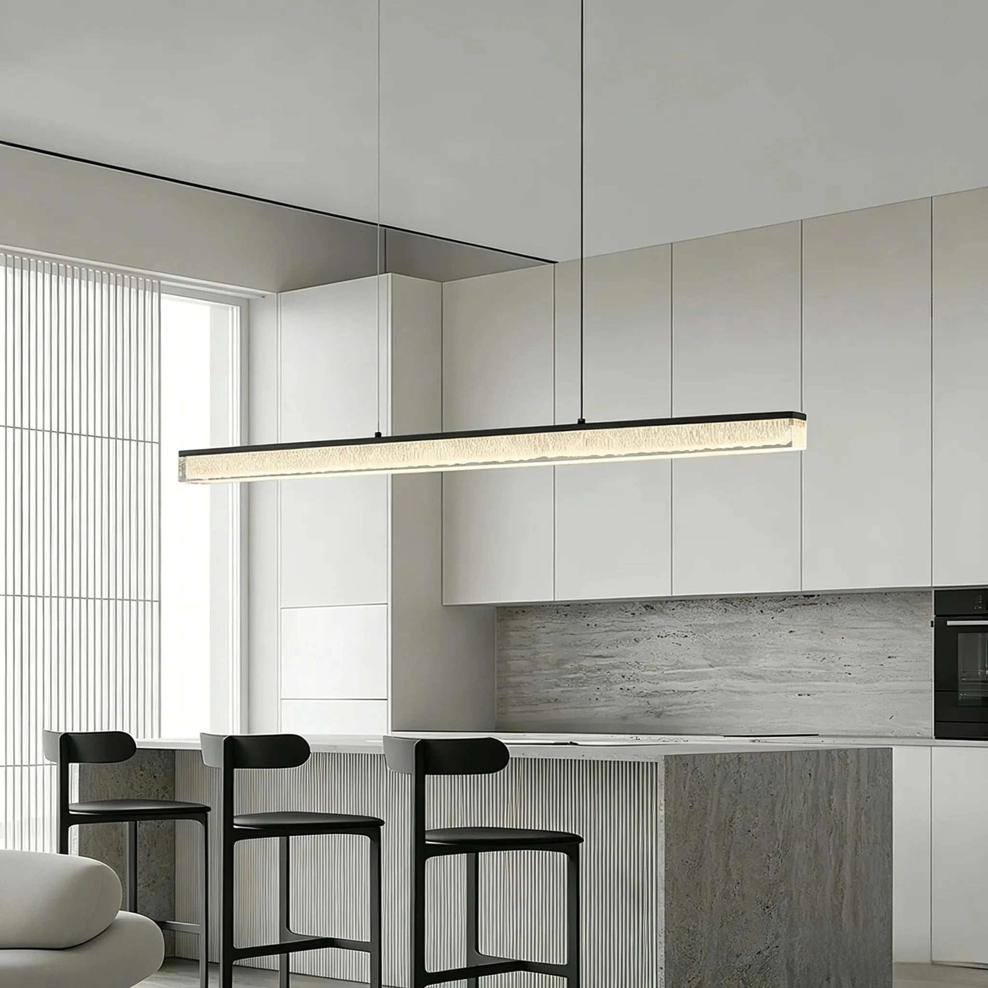 Italian minimal adjustable linear pendant lamp with black iron frame and acrylic shade over dining bar