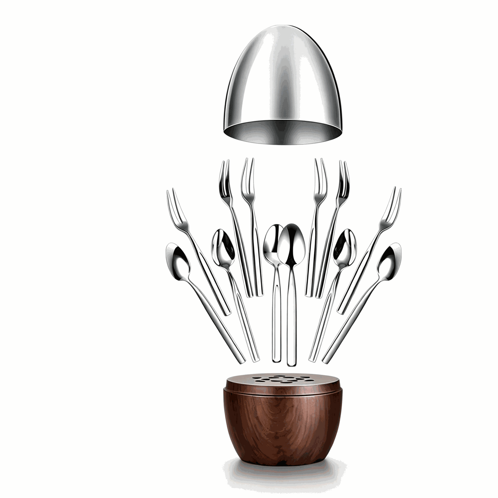 Light luxury walnut and stainless steel tableware storage box with coffee spoons and dessert forks organized elegantly on a kitchen counter