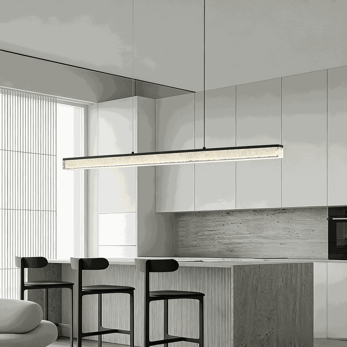 Italian Minimal Adjustable black linear pendant lamp with acrylic shade over dining bar