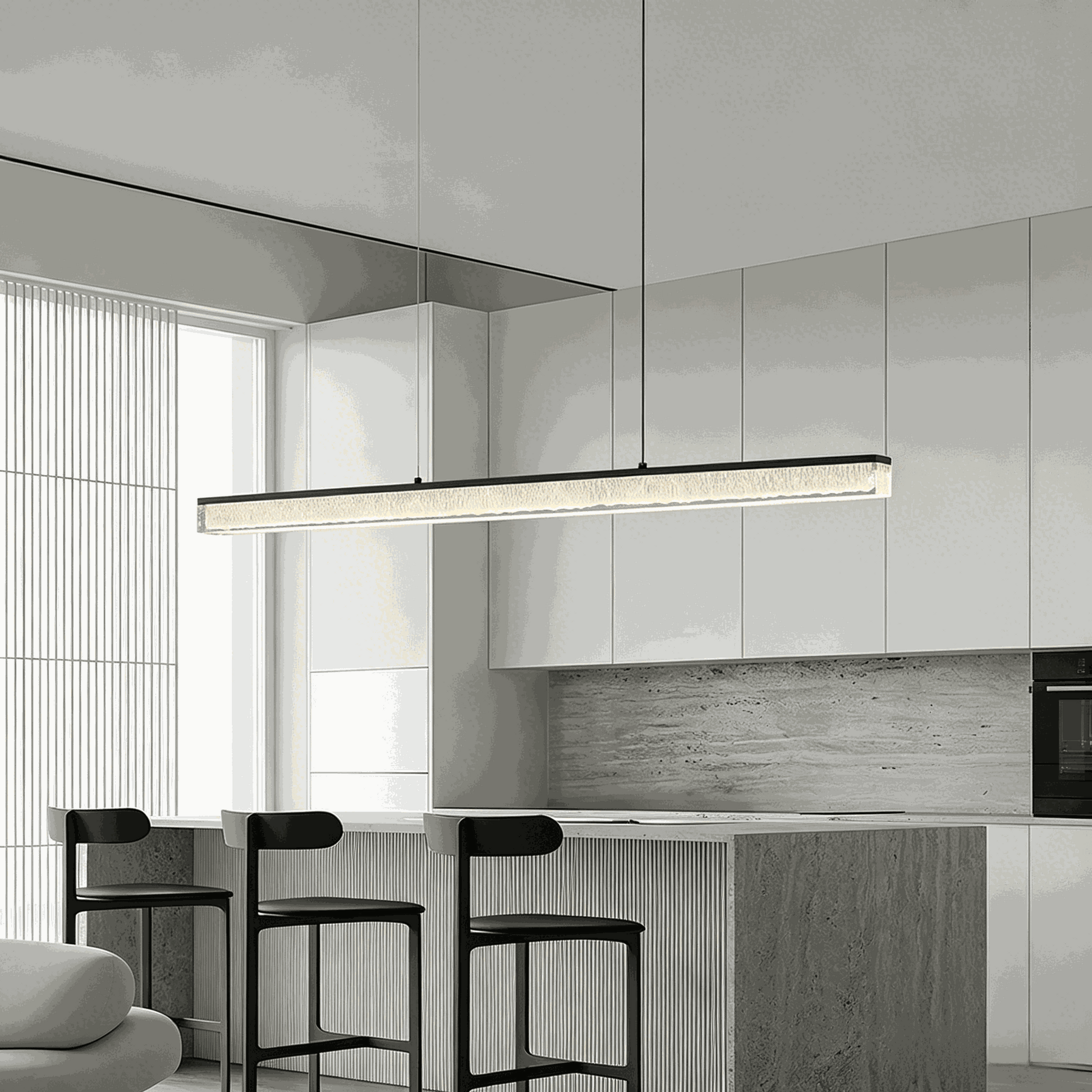 Italian Minimal Adjustable black linear pendant lamp with acrylic shade over dining bar