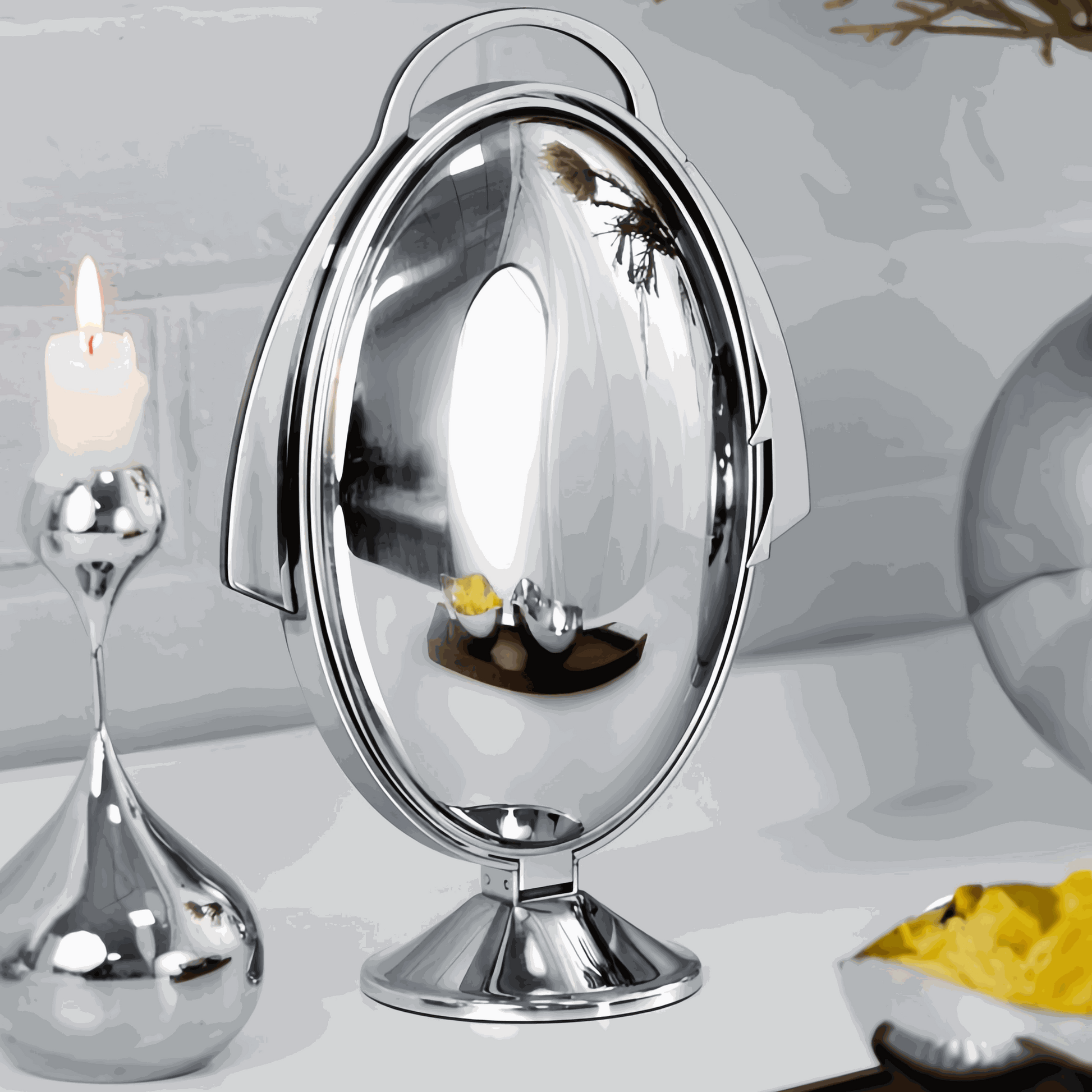 Foldable 3-tier stainless steel fruit platter with modern mirror finish and sleek design for home use