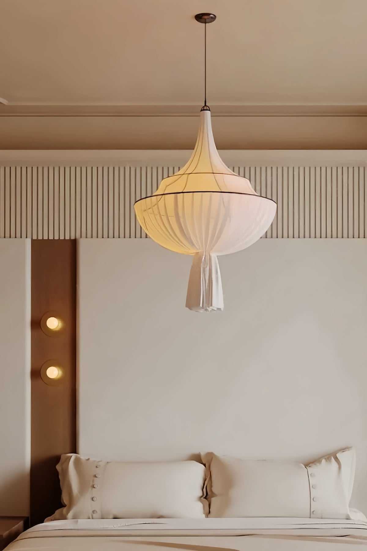 French vintage fabric chandelier with fish-line pendant design and warm LED light