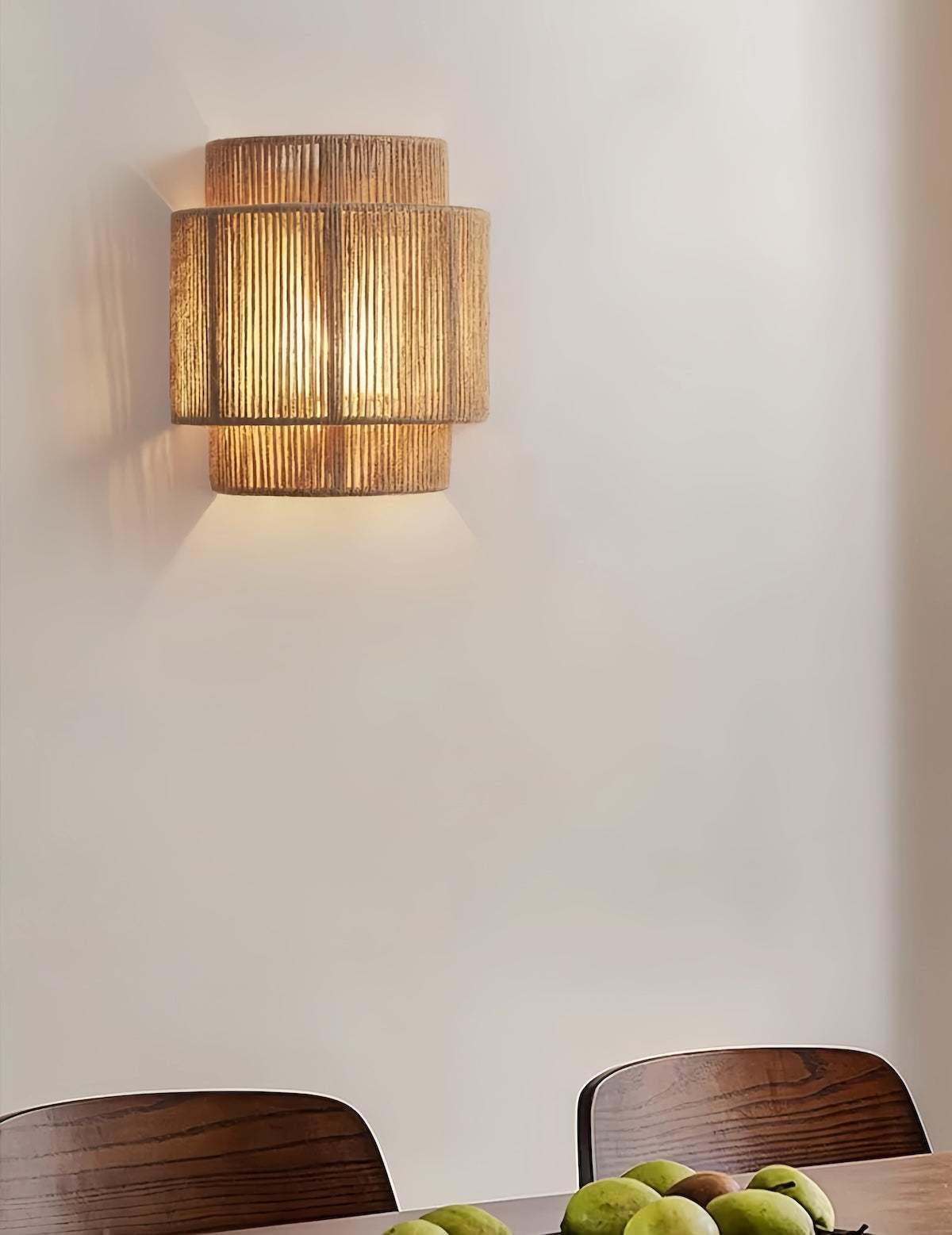 Vintage Wabi-Sabi wall lamp with rustic natural jute rope and warm LED light for bedroom and bohemian decor