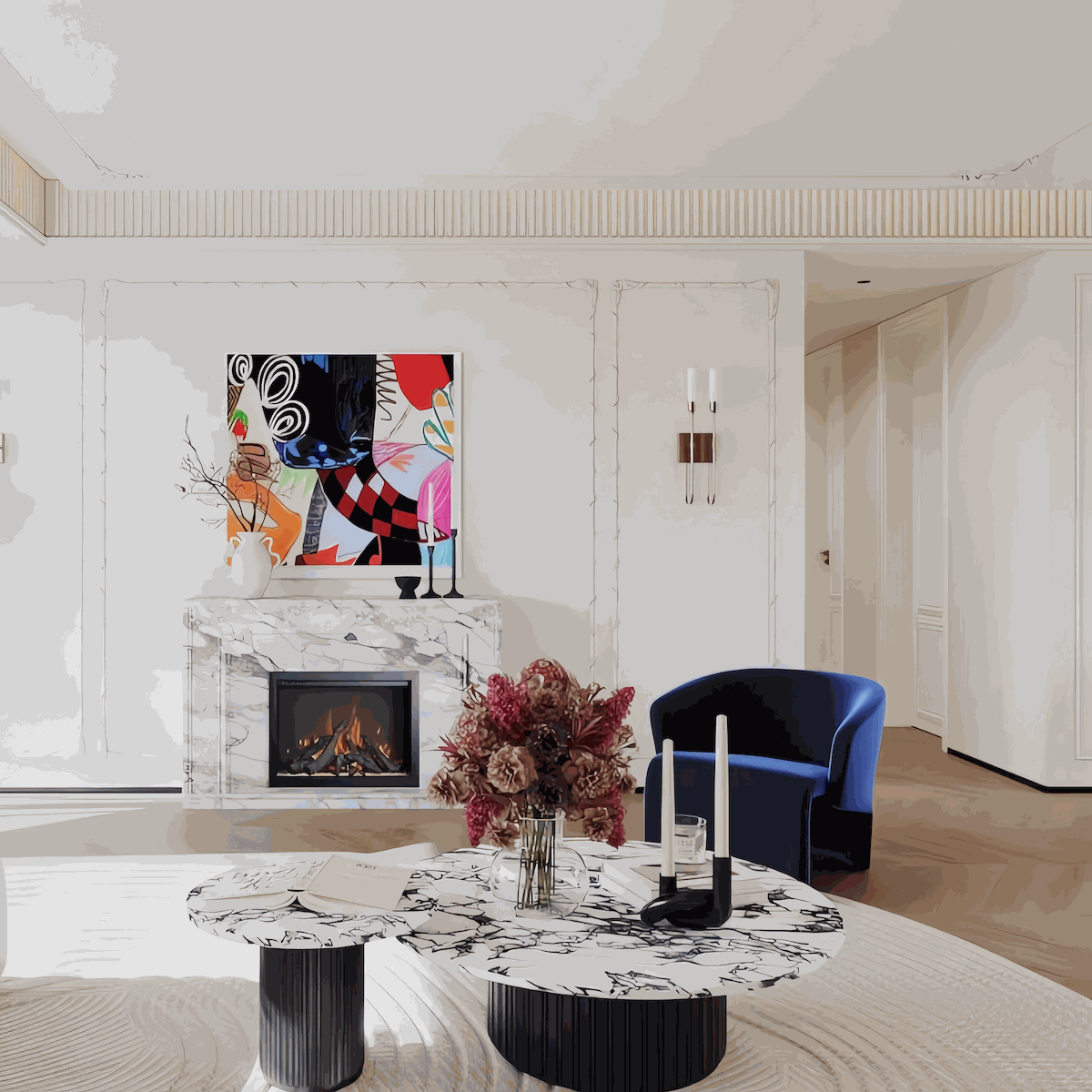 Marble coffee table with round marble-textured top and grooved cylindrical base in Italian luxury style