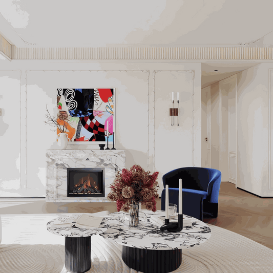 Marble coffee table with round marble-textured top and grooved cylindrical base in Italian luxury style