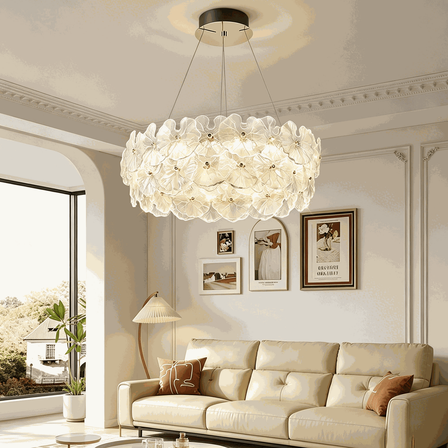 French luxury designer ceiling light with layered petal glass shades and adjustable LED lighting