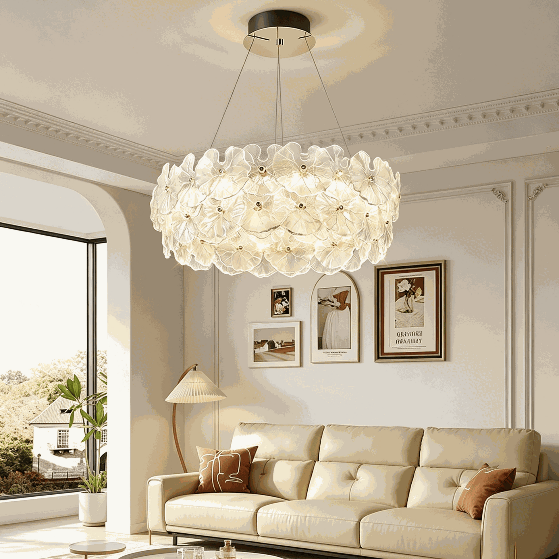 French luxury designer ceiling light with layered petal glass shades and adjustable LED lighting