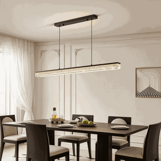 Italian minimal adjustable linear pendant lamp with matte black iron frame and acrylic shade over dining bar counter