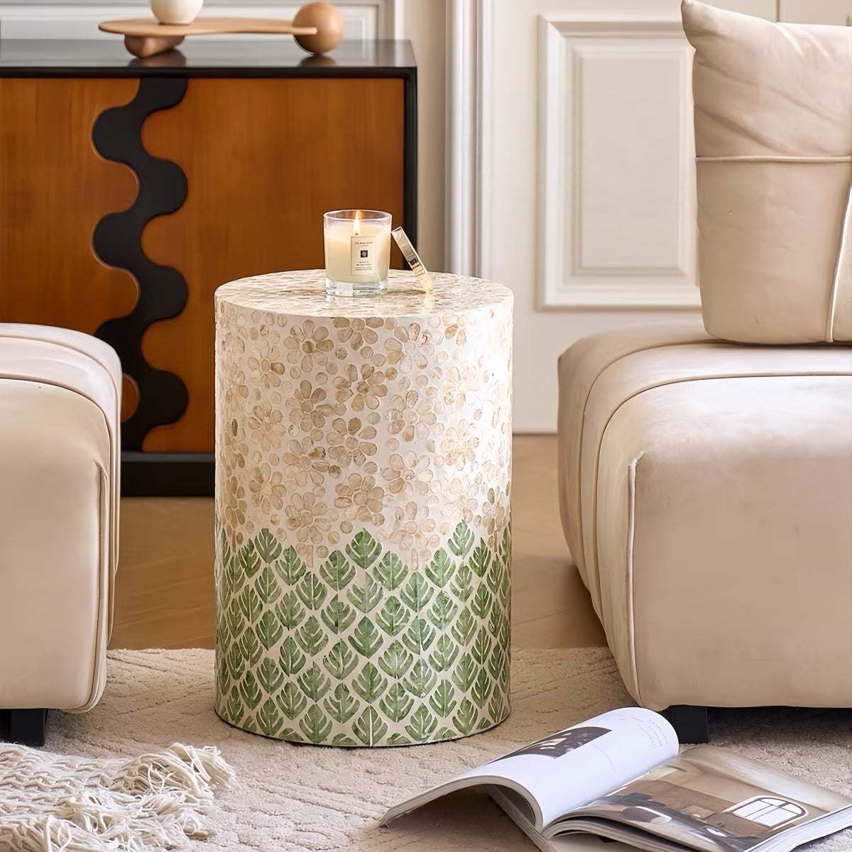 Luxury shell-inspired cylindrical side table made from natural materials, durable and multi-purpose accent furniture