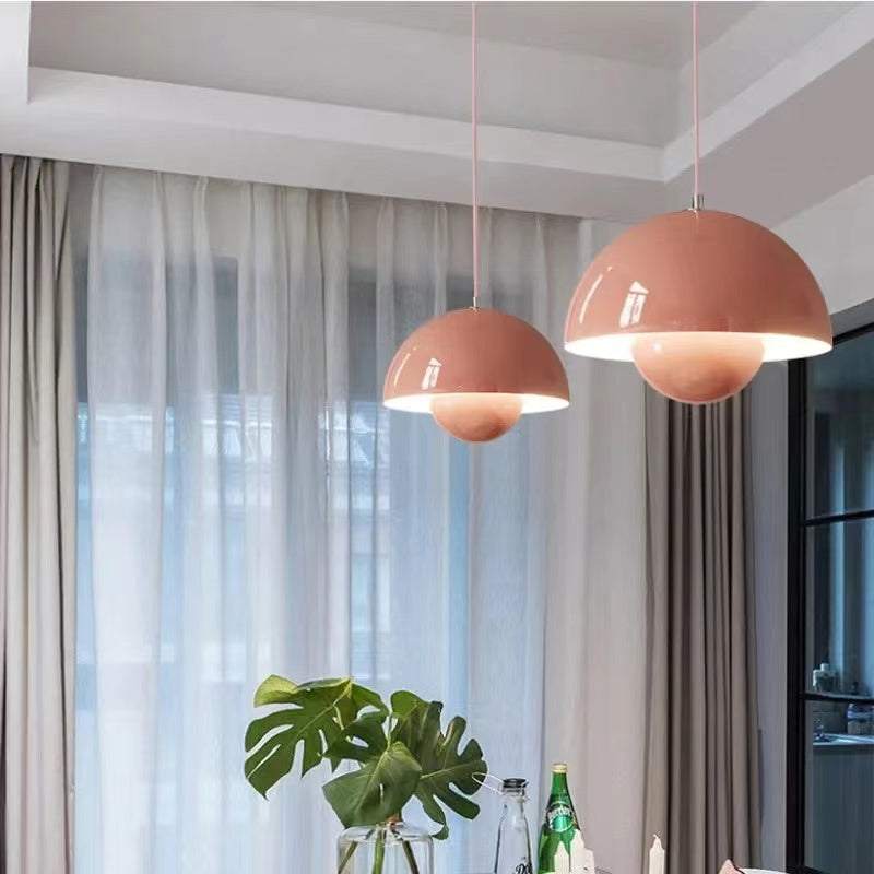 Modern Nordic kitchen island pendant lighting in pink mushroom design with warm light and iron finish
