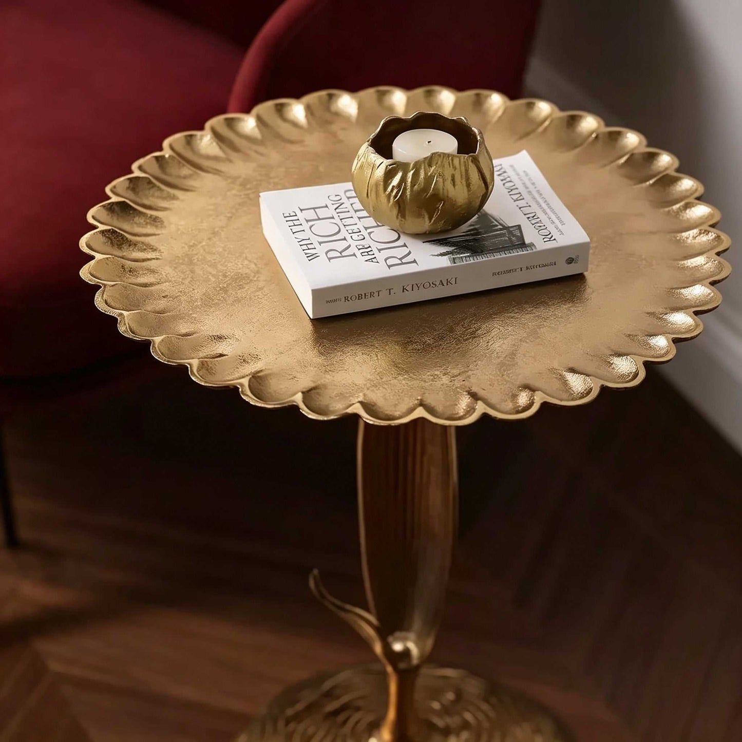 Luxury aluminum sofa side table with scalloped tabletop and leaf-shaped stem for modern bedroom and living room decor