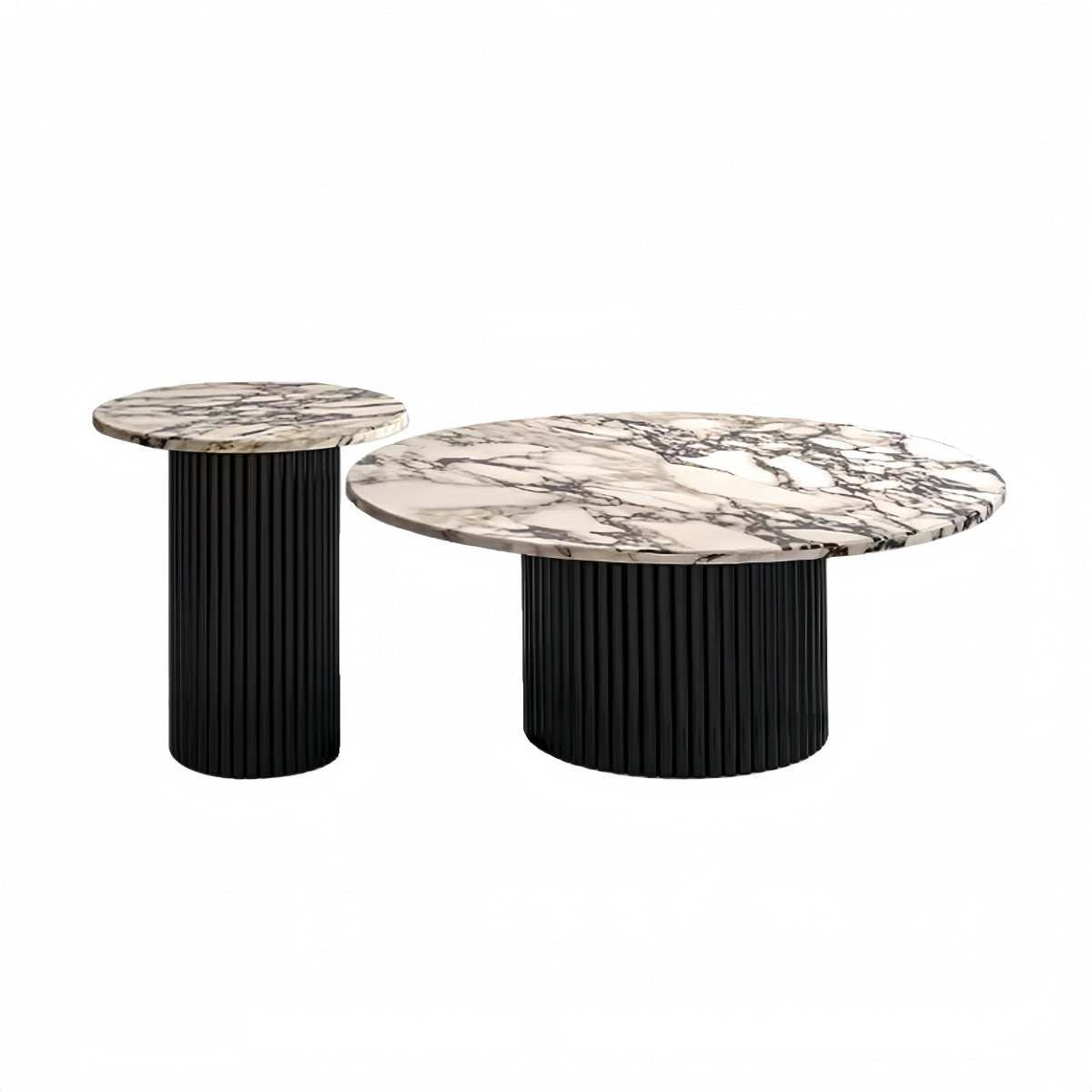 Marble coffee table with round marble-textured top and grooved cylindrical base, elegant Italian luxury design for living room