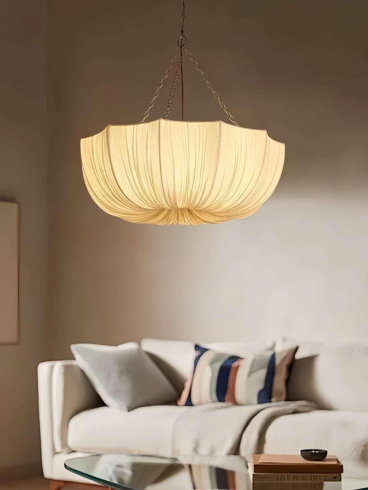 French vintage fabric pendant light with eco-friendly linen shade for warm ambient lighting in living and dining spaces