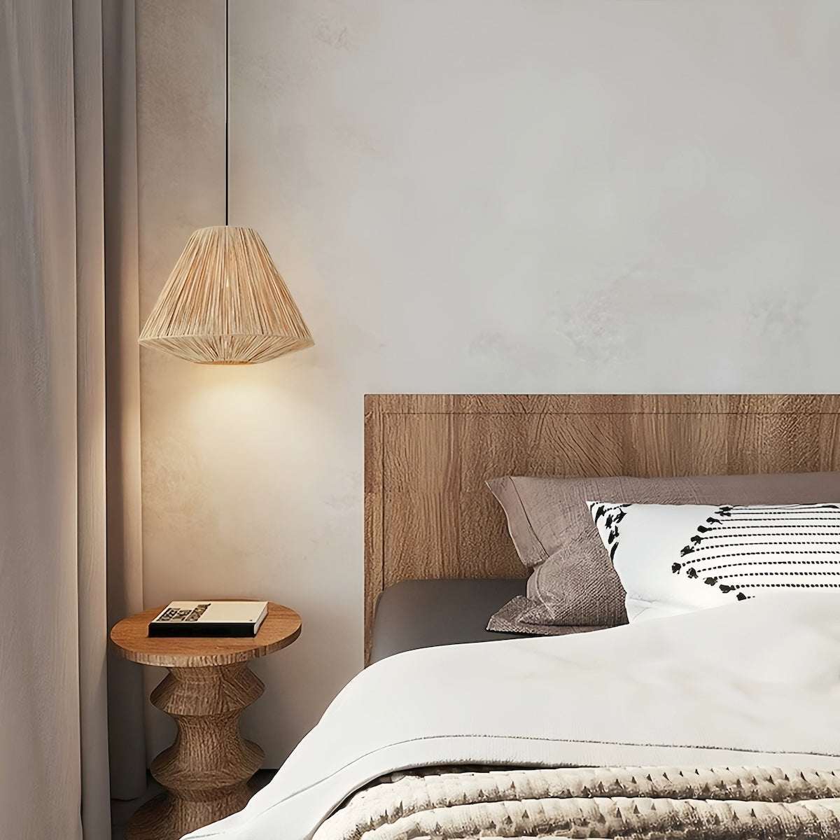 Handwoven rattan pendant light with warm ambient glow for bedroom and dining areas