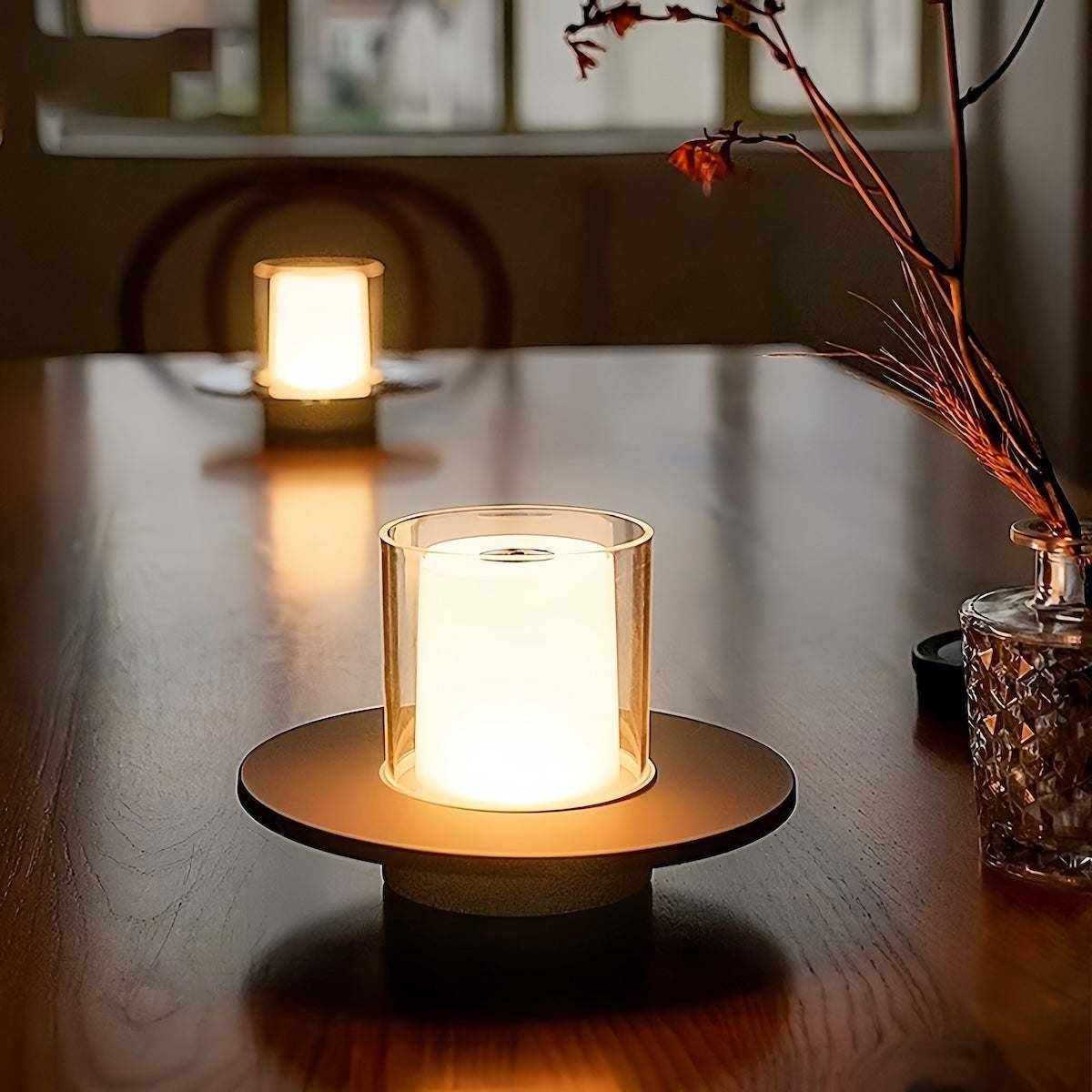 Rechargeable ambience night lamp with warm LED glow on wooden table for cozy indoor lighting