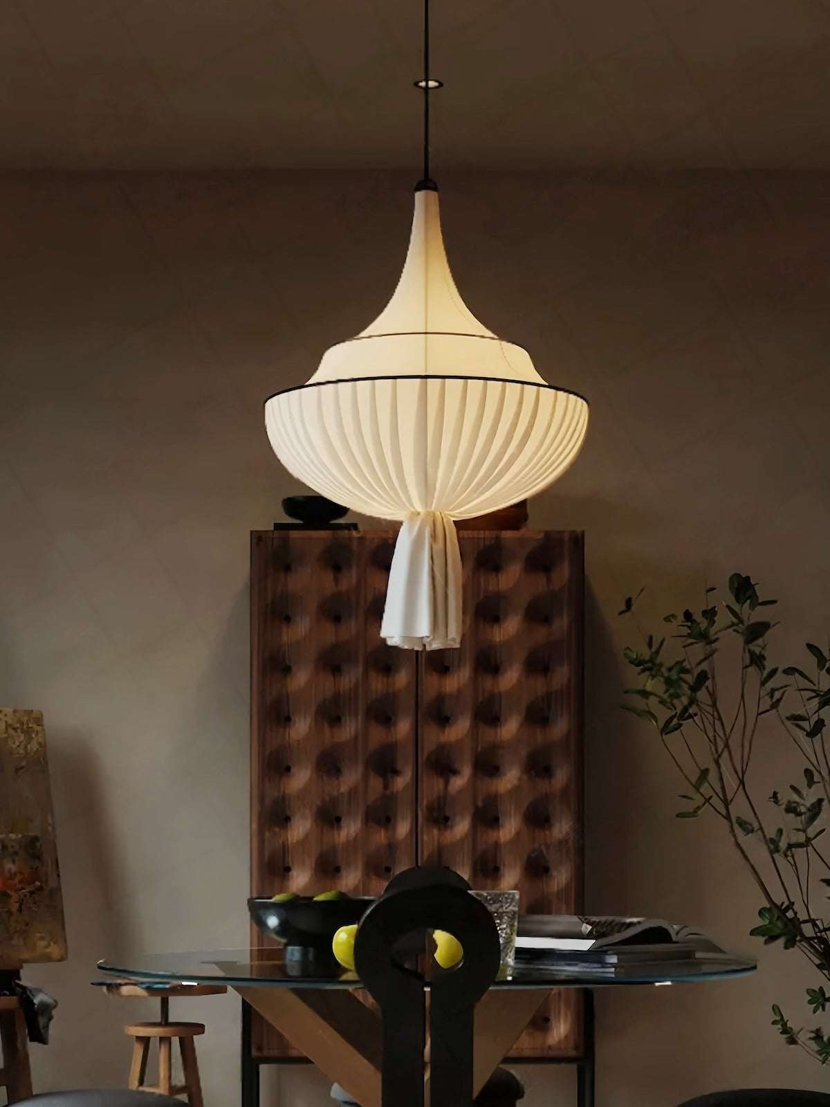 French vintage fabric chandelier with fish-line pendant design and warm LED light