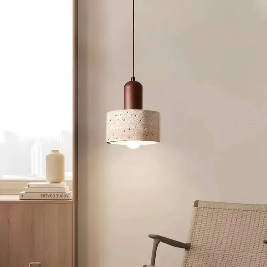 Mid-century cream adjustable mini pendant light with wooden body and stone accents in fish-line shape