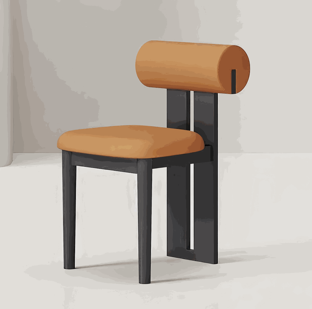 Elegant Nordic dining chair with brown cushioned seat and backrest, black wooden legs and frame.