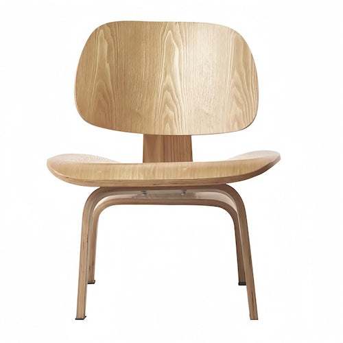 Lounge wood chair in natural log finish molded plywood with curved seat and backrest